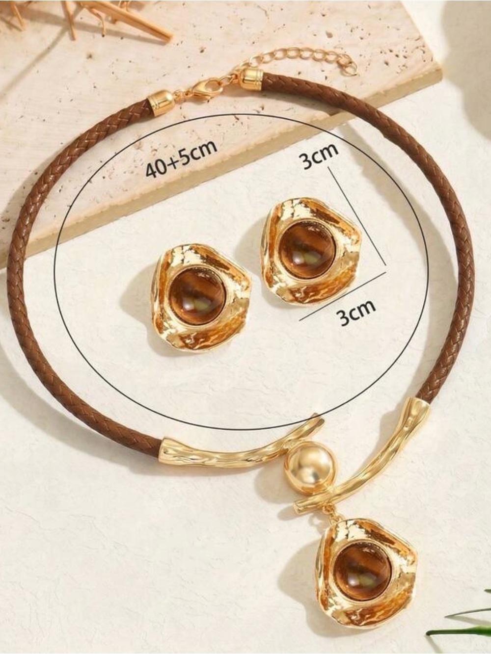 Brown Braided Choker Necklace & Earrings Statement Set - Picture 4 of 5